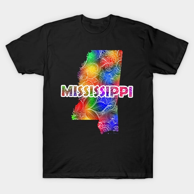 Colorful mandala art map of Mississippi with text in multicolor pattern T-Shirt by Happy Citizen